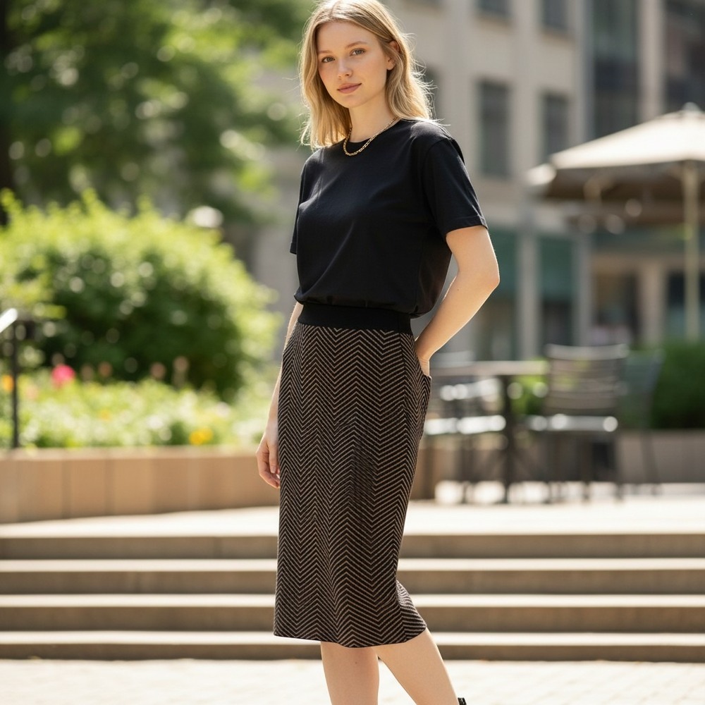Ann Taylor Factory Black Brown Chevron Knit Pencil Skirt Large Herringbone Midi